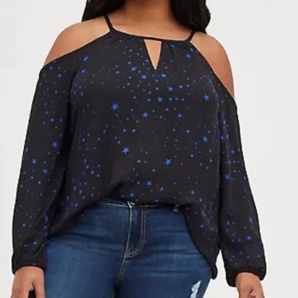 torrid Tops - Torrid blue star sheer black cold shoulder cut out flowy blouse